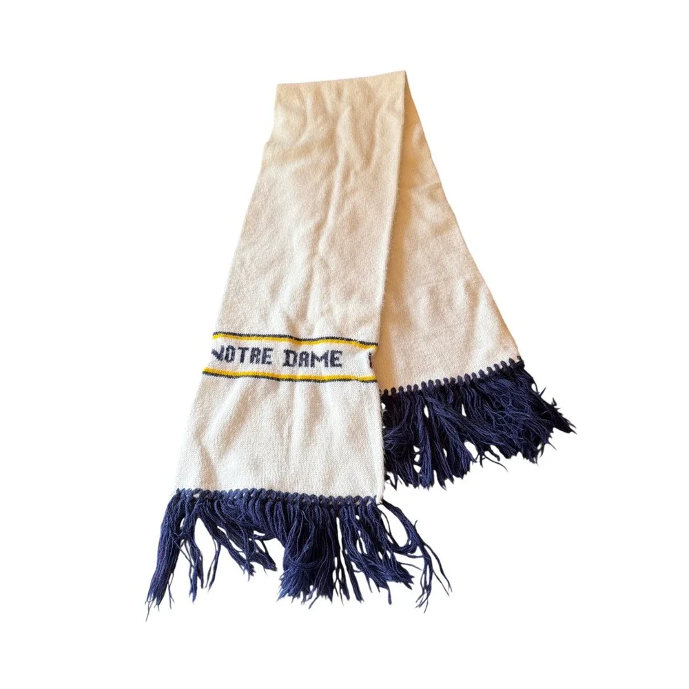 Notre‎ Dame Scarf White Navy Gold Knit Fighting Irish Vintage Style Fringe Scarf